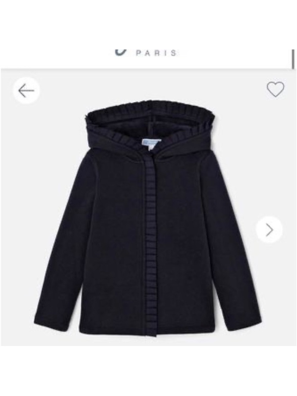 Girls' size 8 Navy Jacadi Hooded sweatshirt with pleated trim